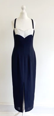 Vintage Joseph Ribkoff Evening Cocktail Dress Size UK 10 Navy Blue White 80s - Image 1 of 4
