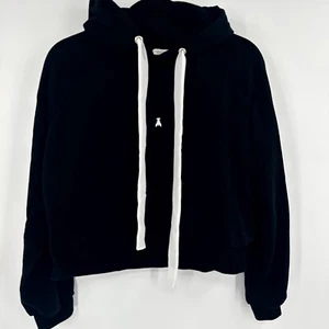 Patrizia Pepe Hoodie Womens 3 Black Ribbed Hem Raglan Sleeve Drawstring Pullover - Picture 1 of 9
