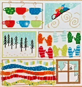 Muestreador de invierno - cacao caliente, mitones, bufandas, trineo, más - tabla de punto de cruz - Imagen 1 de 2