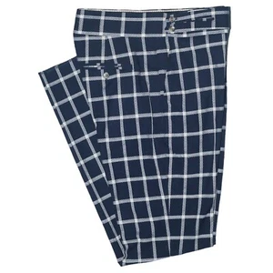 Mens Gurkha Pants Blue White Check Wool Slim Fit Straight Flat Front Trousers 32 - Picture 1 of 7