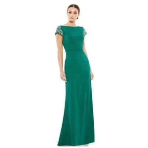 Vestido Ieena Mac Duggal Verde Esmeralda Cuentas Manga Gorra Columna Talla 18W $398 - Imagen 1 de 3