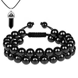 Black Obsidian Bracelets 8mm Natural Stone Beaded Necklace Jewelry Set Handmade - Picture 1 of 8