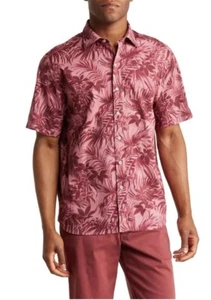 TOMMY BAHAMA Men L Sport Reign Forest Fronds Camp Shirt Pima Cotton Maroon Berry - Picture 1 of 4