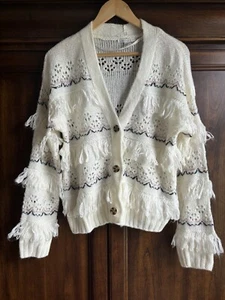 Cato Sweater Cardigan L Fringe Knit Boho Cream White NEW - Picture 1 of 6