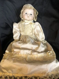 Vintage Porcelain And Stuffed Baby Doll With Dress And Hat Blue Eyes - Picture 1 of 7