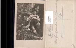 487634,Foto Ak Mann Tracht Picknick Jause Essen Wanderer Gehstock - Picture 1 of 1