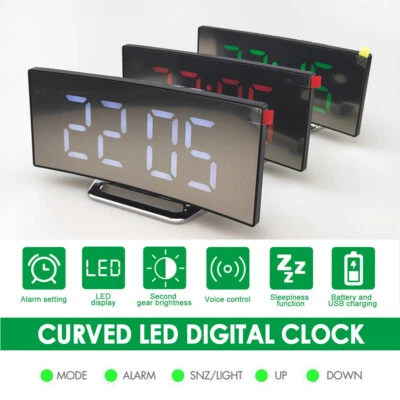 LED Curved Digital Alarm Clock usb Temperature Mirror Display Snooze Bedside - Image 1 of 4