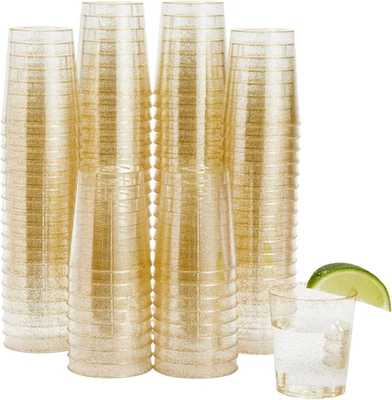 Shot Glasses - 2 Oz Gold Glitter Plastic, 100 Count - Disposable Plastic Shot Gl - Image 1 of 4