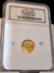 1873 Open 3 $1 Indian Princess Head Gold Dollar NGC MS62 Old Holder  - Picture 1 of 7