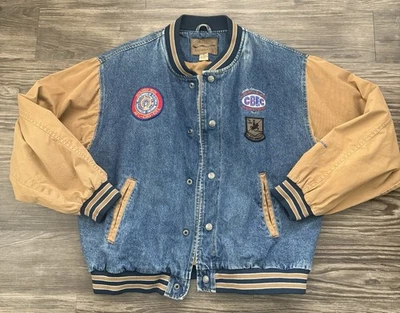 Port Authority Men's L Blue Brown Denim Varsity Bomber Jacket 90s Vintage XL - Image 1 of 4