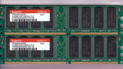 Kit de memoria RAM DDR1 DIMM 1 GB 2x512 MB PC3200 HYNIX HYMD264646D8J-D43 AA DDR-400 Foto 1 de 2
