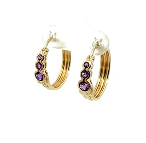 14k Yellow Gold 0.36ctw Bezel Set Amethyst Hoop Earrings - Picture 1 of 7