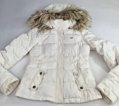 Abrigo acolchado vintage Y2K Hollister para mujer talla M crema plumón con capucha invierno Foto 1 de 4