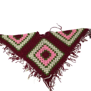 Vintage Crochet Granny Square Poncho Kids Fringe 70s Pink Red Tie Neck Retro - Picture 1 of 8