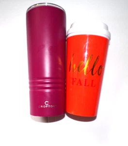 2 lot Crofton stainless steel drink cup/lid & Hello fall plastic cup/lid tS2 - Picture 1 of 5