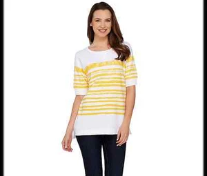 Denim & Co. Top a rayas pintadas de felpa francesa activa oro amarillo XS A252804 - Imagen 1 de 4