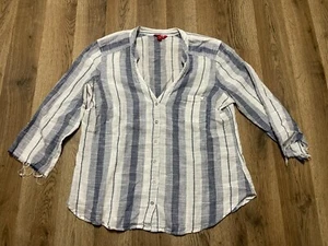 GUESS Shirt, Women's Large, Blue White, Striped, Button Up, V-neck, 3/4 Sleeve - Picture 1 of 8