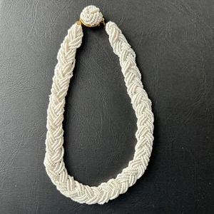 Vintage 1950's Seed Beaded Glass Necklace Choker Braided WHITE - Picture 1 of 5
