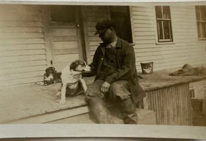 Antique RPPC Postcard Man Petting Dog On Porch Working On House Real Photo - Picture 1 of 6
