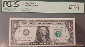 Error 1988a $1 F. R. N. Mis. Fancy Serial # LUCKY 7's #F 77777795 i PCGS 64 PPQ - Picture 1 of 4