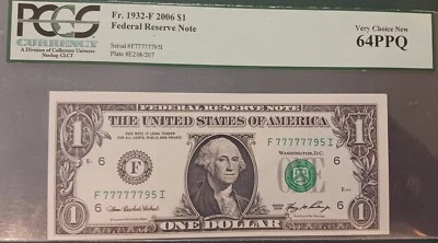 Error 1988a $1 F. R. N. Mis. Fancy Serial # LUCKY 7's #F 77777795 i  PCGS 64 PPQ - Image 1 of 4