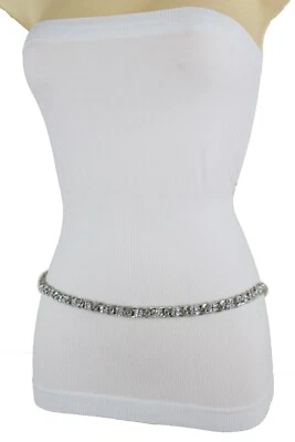 Donna Skinny Cintura Decorato Moda Metallo Argento Catena Rete Perline Xs S M - Immagine 1 di 4