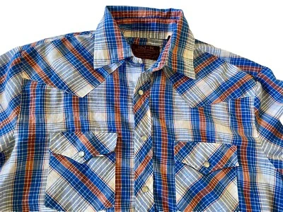 Camisa Western Vintage Años 80 BJ-R Perla A Presión Para Hombres Mediana Azul A Cuadros Hilo Plateado Foto 1 de 4