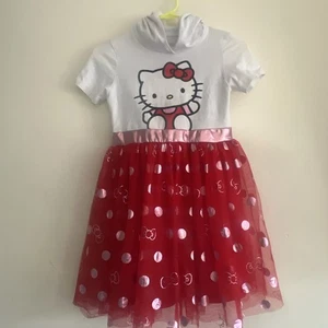 Hello Kitty Kleid Mädchen Große 10/12 weiß rot Kapuze Tüllrock Schleife Ohren Kapuze - Bild 1 von 10
