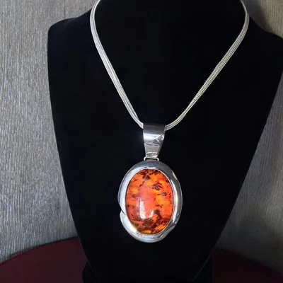 Collar de cadena Jay King vintage DTR 925 plata esterlina ámbar colgante cola de zorro 🧡 Foto 1 de 4