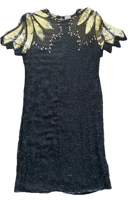 Vestido Scala Seda Cuentas Lentejuelas Mujer Boa Dorado Manga Corta Talla Grande DE COLECCIÓN LEER Foto 1 de 4