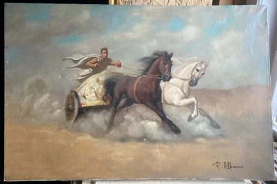 Pintura al óleo caballos carreras de caballos carro carrera romano antiguo galope firmado Albano Foto 1 de 4
