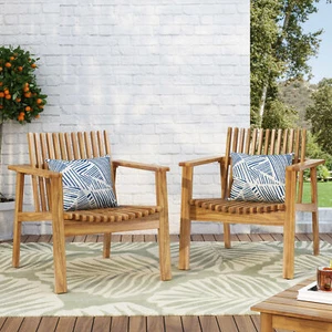 Outdoor Acacia Wood Club Chairs Pair Patio Conversation Set with Cushions, Teak - Picture 1 of 12