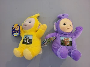 Teletubbies Tinky Winky w/ Tigers and Laa-Laa w/ Penguins 7in Bean Plush - NEW - Picture 1 of 5