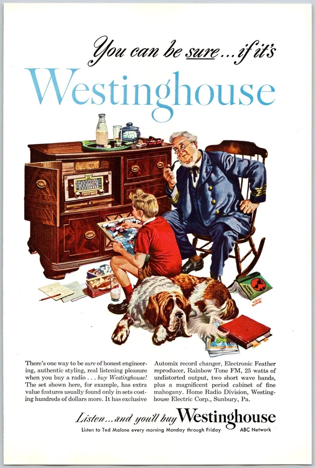 PRINT AD 1948 Westinghouse Radio Automix Electronic Feather Saint Bernard Dog - Image 1 of 1
