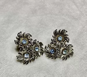 Blau Strass Vintage Ohrringe Blume Edelstein in der Mitte Sterlingsilber Schraube zurück - Bild 1 von 4
