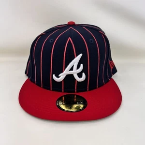 New Era 59fifty Atlanta Braves Pinstripe Fitted Hat Blue Red Men’s Size 7 1/2 - Picture 1 of 6