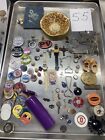 VINTAGE JUNK DRAWER LOT OF MATEL CHIPS, BOTTLE OPENERS, PINS, WATCH, ASHTRAY