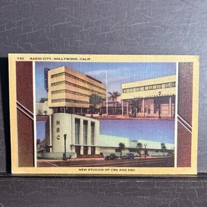 Cartolina lino New Studios CBS e NBC Radio City + ristorante Hollywood CA 1950 - Foto 1 di 2