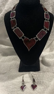Set gioielli vintage tinti abalone conchiglia dichiarazione cuore collana orecchini tono argento - Foto 1 di 14