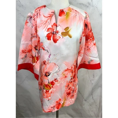 Blusa kimono hawaiana polinesia vintage años 70 hibisco cuello en V pastel rosa artístico Foto 1 de 4