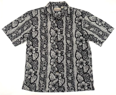 Camisa Fieldmaster Hombre M, Mezcla de Lino Negra Blanca Hawaiana Hibisco Floral Negra Foto 1 de 4