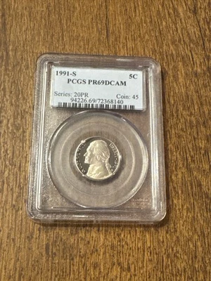 1991 S PROOF JEFFERSON NICKEL PCGS PR 69DCAM DEEP CAMEO - Image 1 of 2