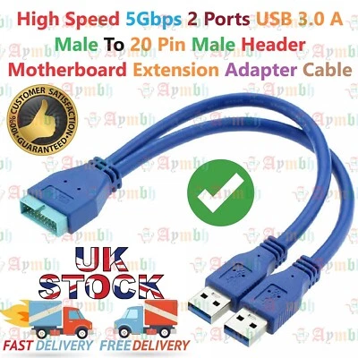 2 USB 3.0 A to 20 Pin Male Header Motherboard Extension Cable Y Splitter Adapter - Image 1 of 4