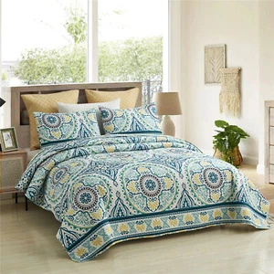 3 Piece Queen King Quilt Bedspread Set Floral Patchwork Reversible Bed Coverlet - Picture 1 of 94