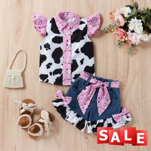 Toddler Girl Cowgirl Ruffle Tops With Demin Shorts Western Outfit Baby Clothes - Picture 1 of 13