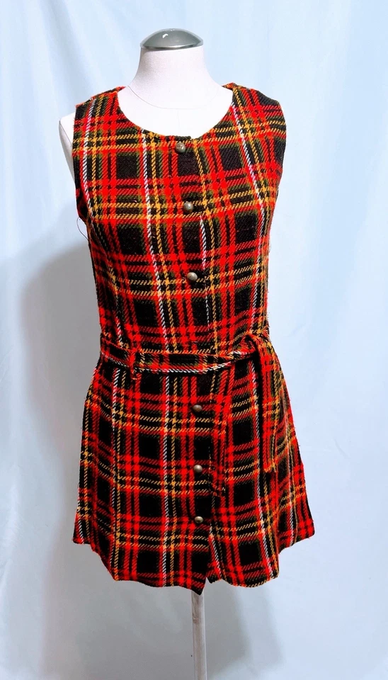 Handmade 60s 70s Vintage Wool Dress Belted Strapless Plaid Red Orange Rare Find - Image 1 of 4