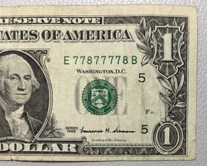 Binary 1999 $1 #E77877778B Six 7S Close To Solíd Beautiful Number Circulated - Picture 1 of 3