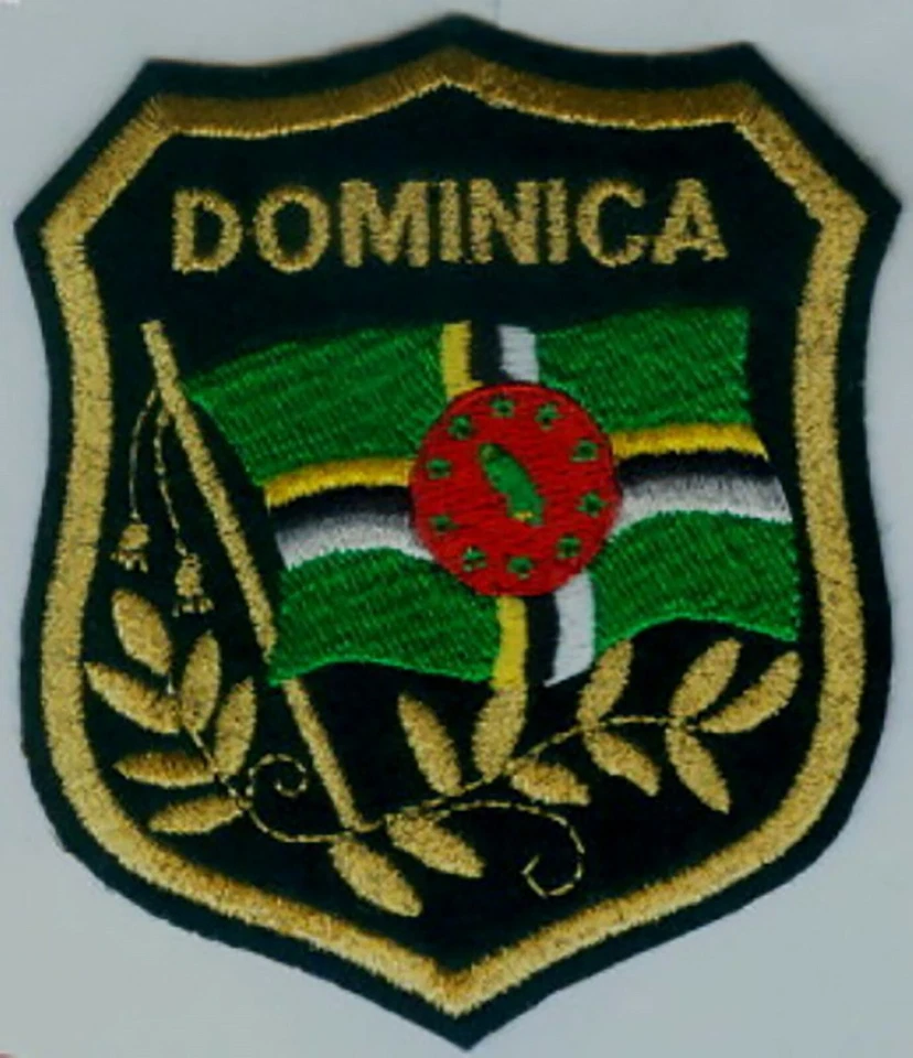 DOMINICA Flag in shield Embroidered Patches 3.25"x2.75" iron-on - Image 1 of 1