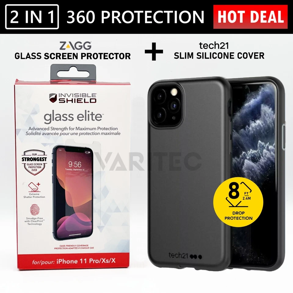 Zagg Glass Screen Protector + Tech21 Gel Case Back Cover for Apple iPhone 11 Pro - Image 1 of 1