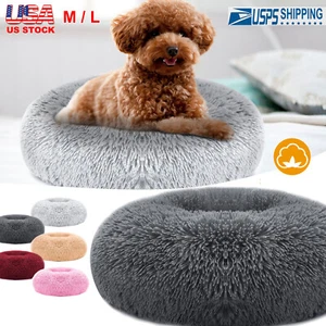 Round Plush Donut Pet Dog Cat Bed Fur Warm Cozy Soft Puppy Calming Bed Kennel - Picture 1 of 25